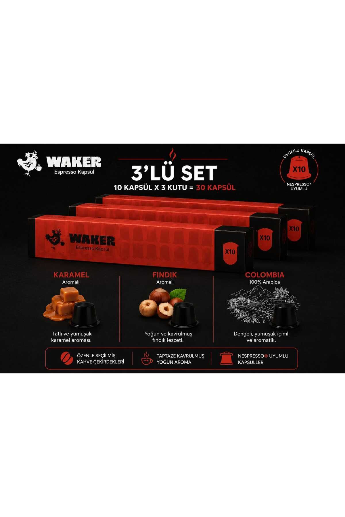 Waker Nespresso Uyumlu Premium Kapsül Kahve 3’lü Set – Karamel, Fındık, Colombia