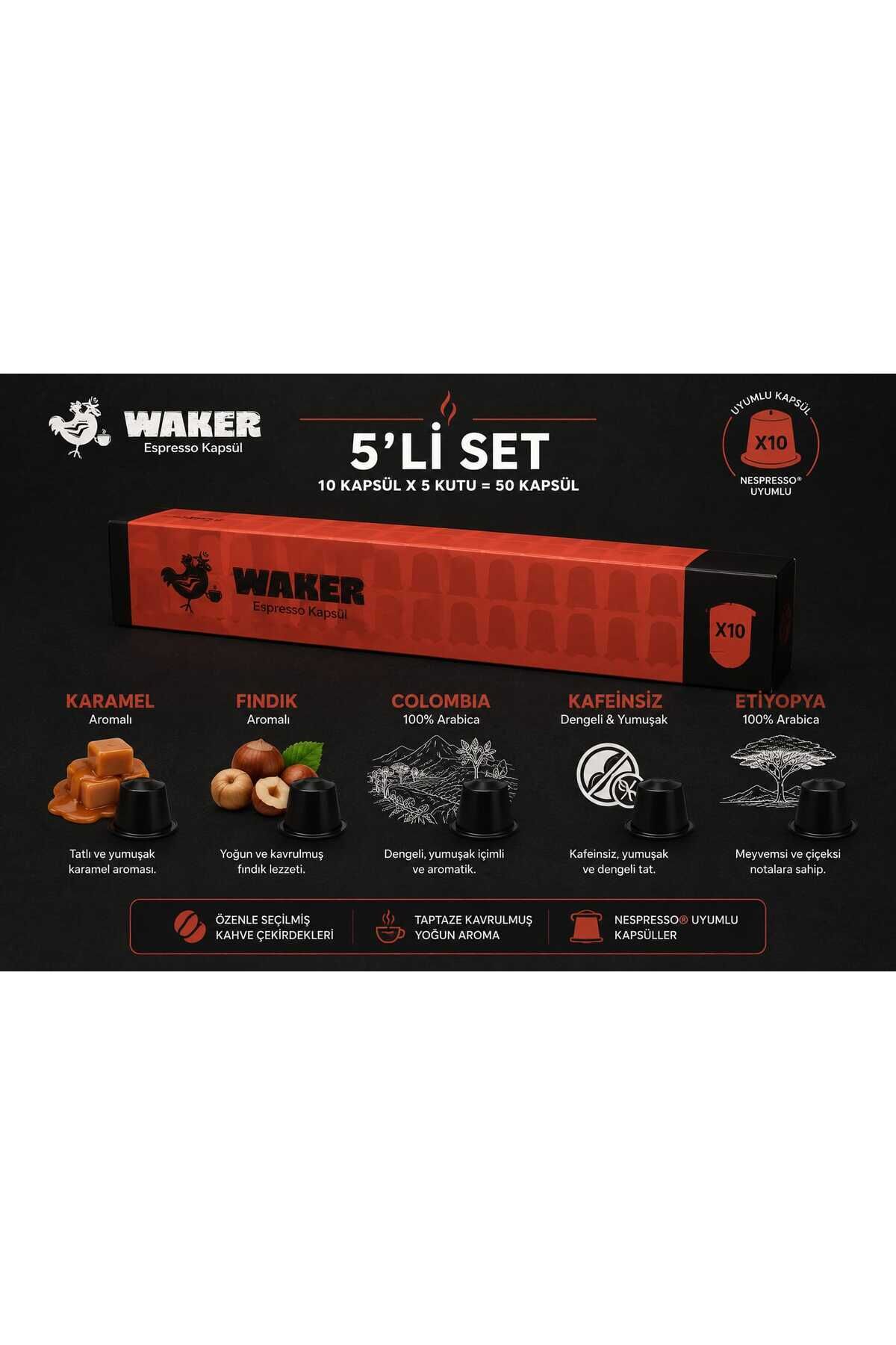 Waker Espresso Kapsül Kahve Seti 5 Aroma x 10 Kapsül – Nespresso Uyumlu