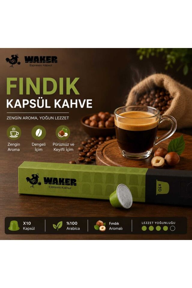 WAKER Fındık Aromalı Kapsül Kahve 10'lu Paket – Yoğun Aroma ve Lezzet