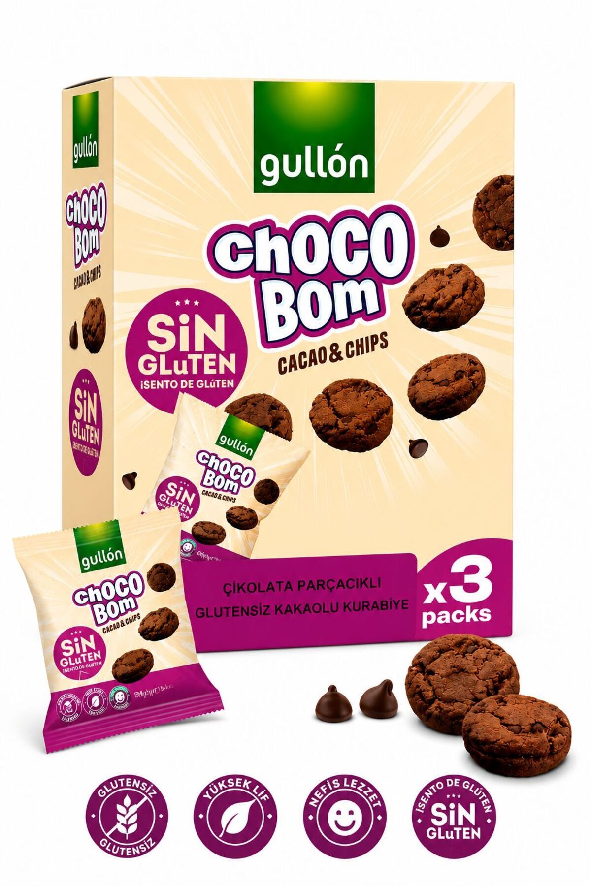 Choco Bom Glutensiz Kakao ve Çikolata Parçacıklı Kurabiye 3'lü Paket