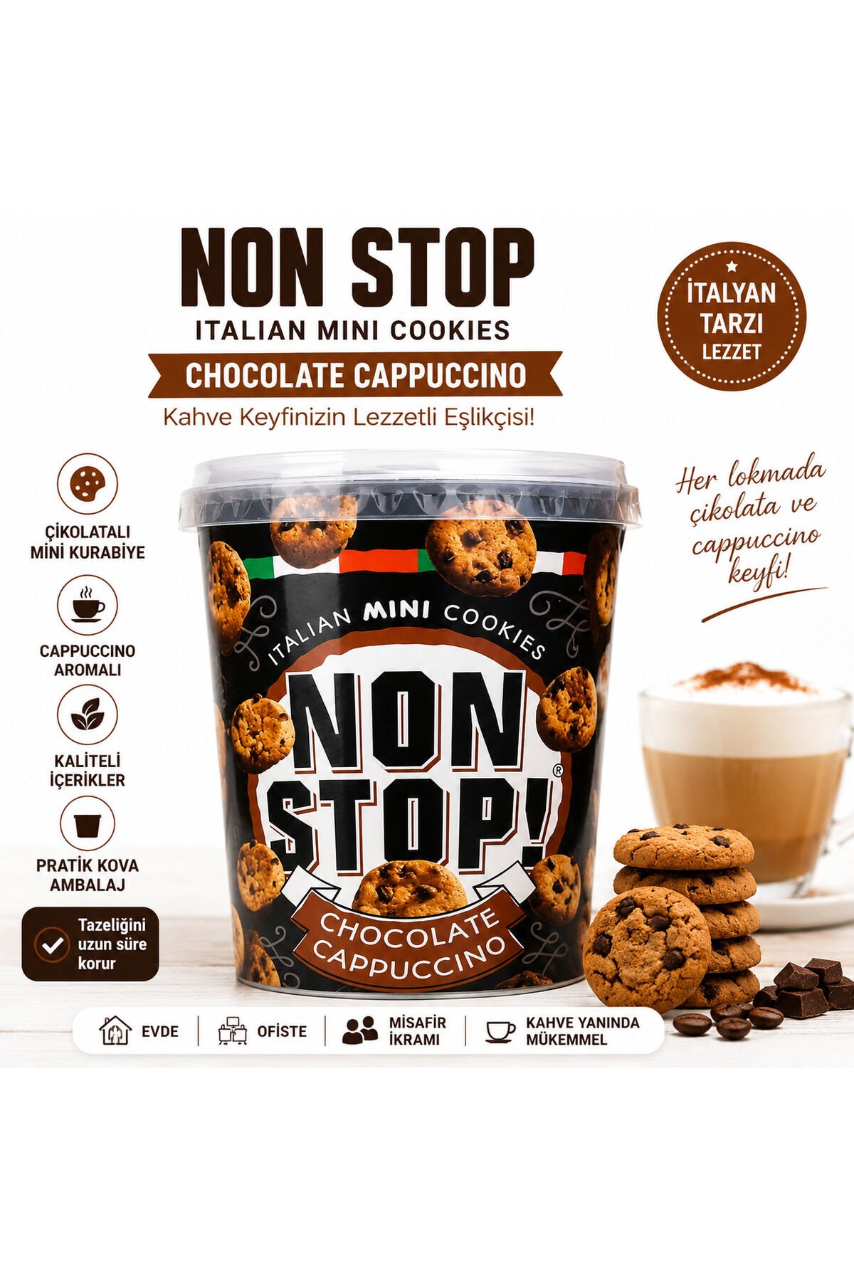 Non Stop Italian Mini Cookies Chocolate Cappuccino 125g – Çikolatalı Cappuccino Aromalı Mini Kurabiye (Pratik Kova Ambalaj)