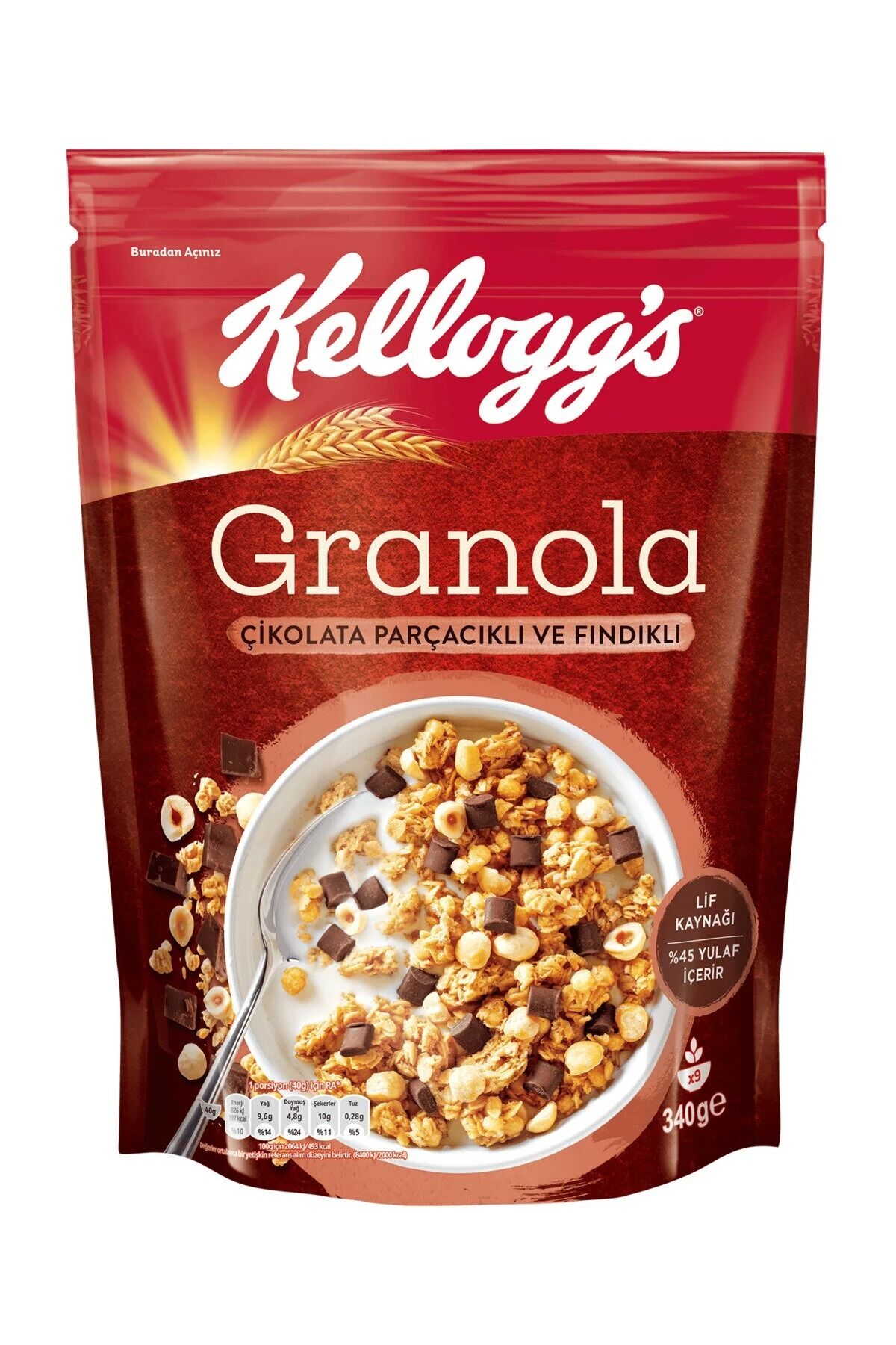 Kellogg's - Çikolata Parçacıklı Ve Fındıklı Granola 340 Gr,%44 Yulaf,lif Kaynağı,kahvaltılık Gevrek