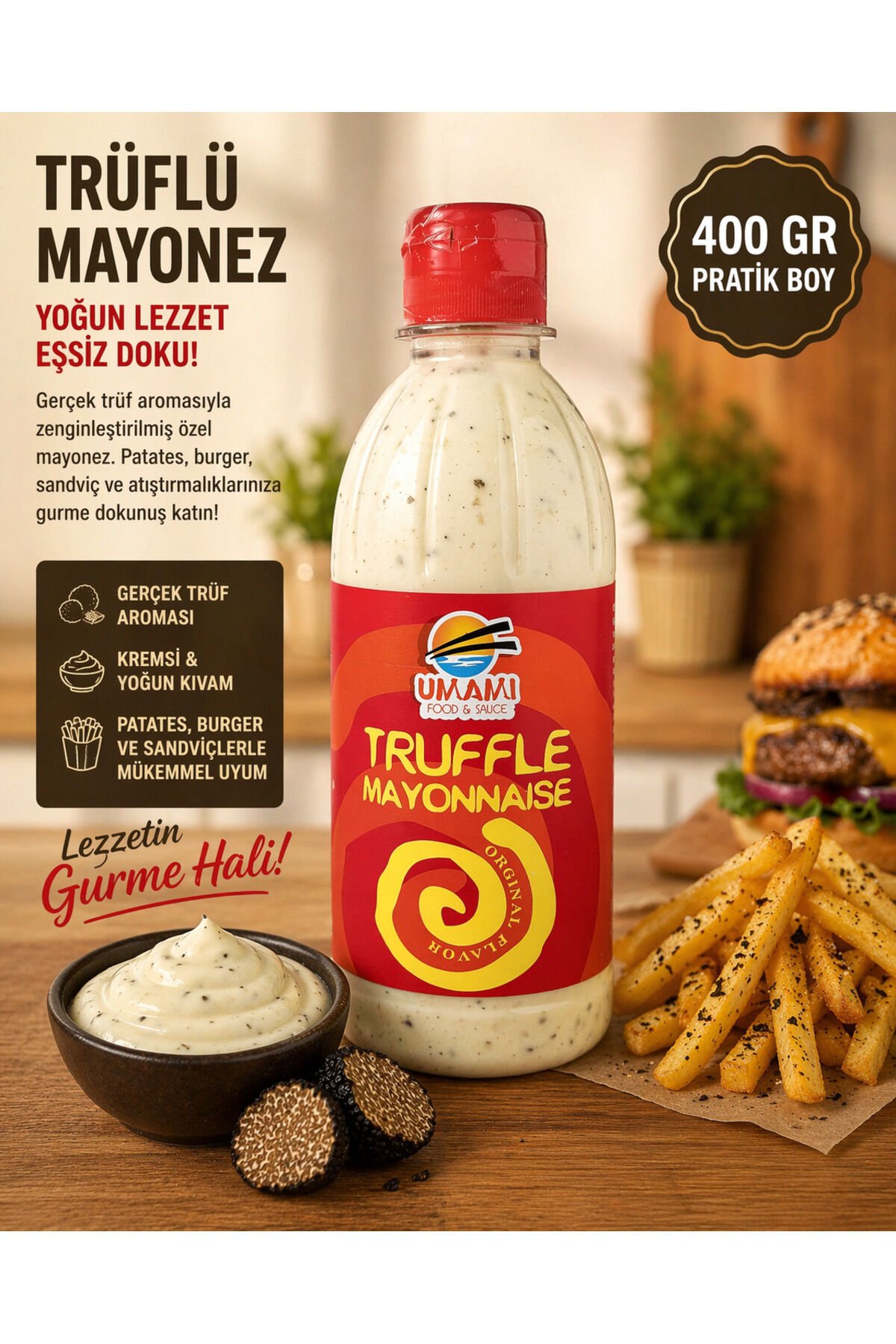 Trüflü Mayonez 400 gr – Yoğun Aromalı Gurme Sos | Burger, Patates & Sandviç
