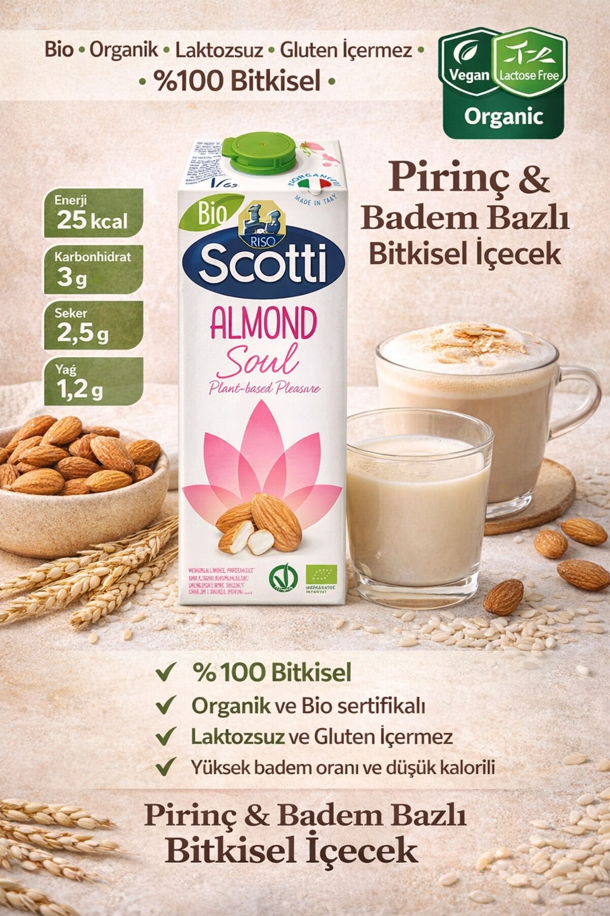 Almond Soul Bio Organik Badem & Pirinç Bazlı Bitkisel İçecek 1L