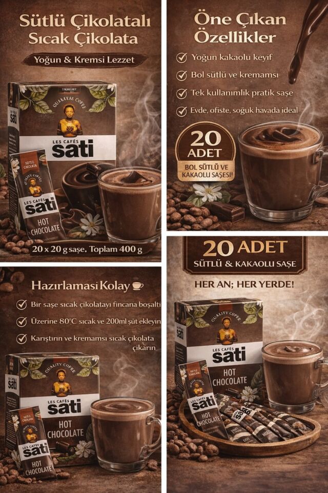 Les Cafés Sati Hot Chocolate Sütlü Sıcak Çikolata 20 x 20 g (400 g)