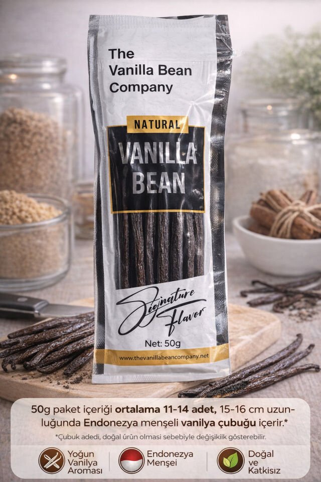 The Vanilla Bean Company Doğal Vanilya Çubuğu 50 g – Endonezya Menşeli (15–16 cm)