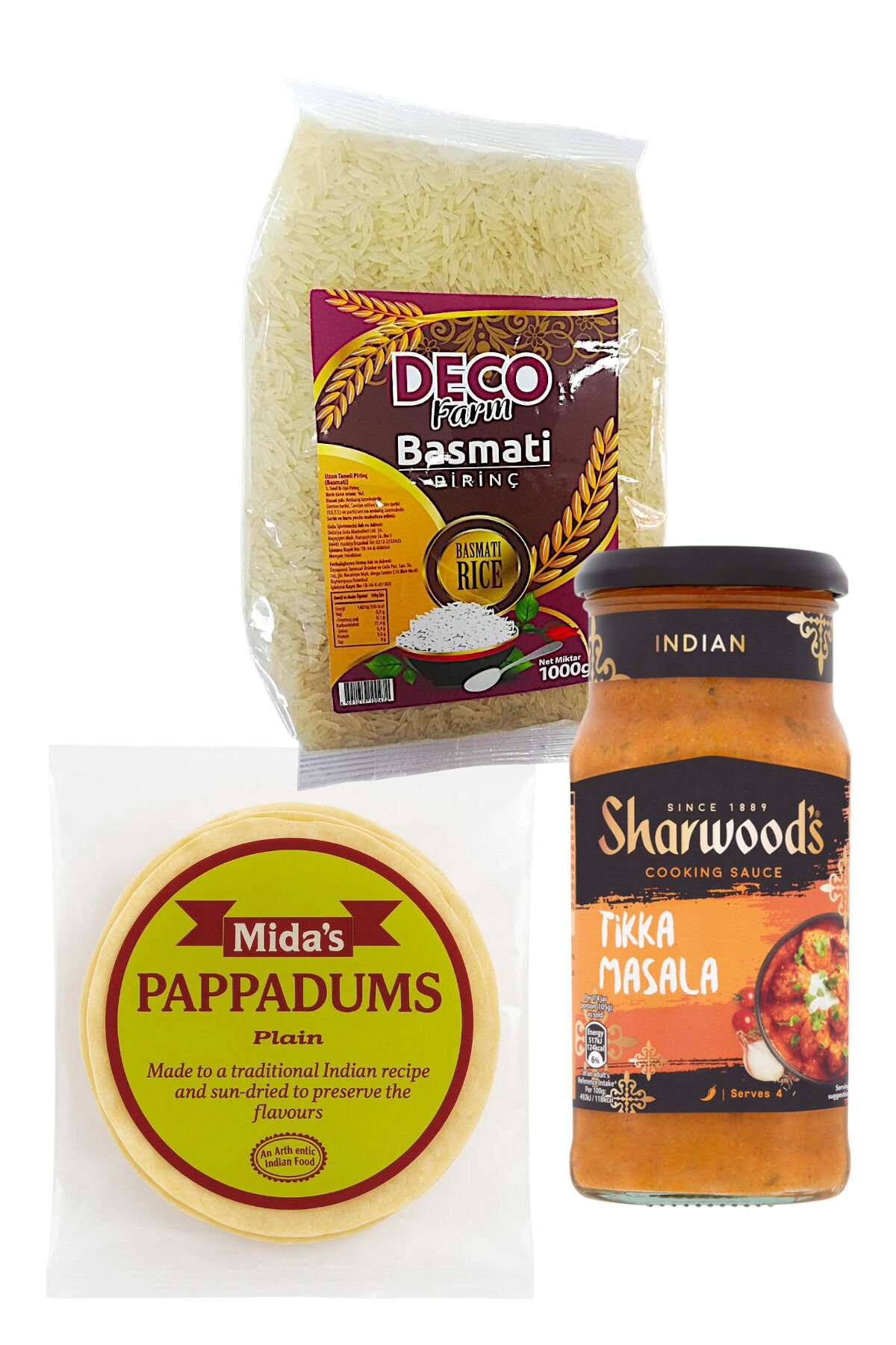 Hint Mutfağı Seti – Sharwood’s Tikka Masala Sos + Deco Farm Basmati Pirinç 1kg + Mida’s Pappadums