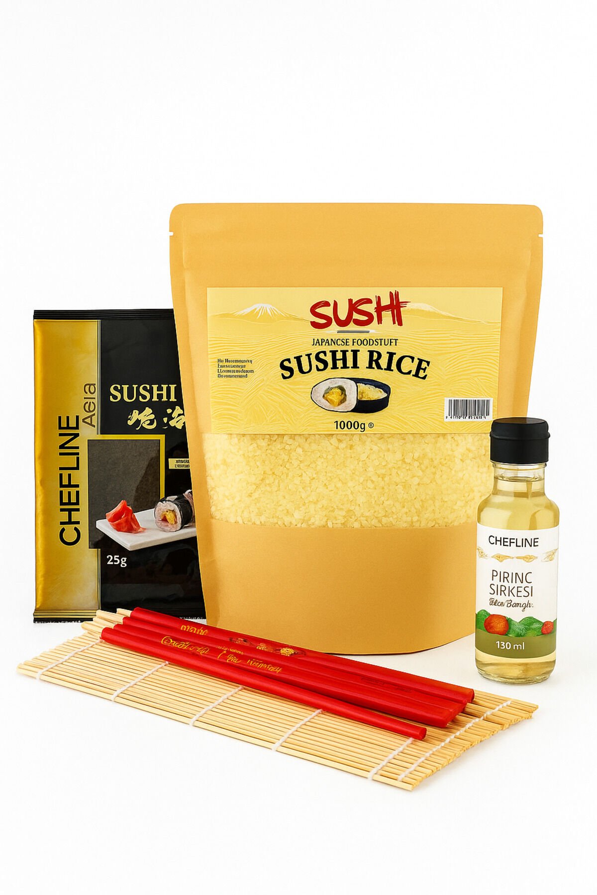 Mini Sushi Seti – 1kg Pirinç, 10’lu Nori Yosun, Pirinç Sirkesi, 5 Adet Çubuk, Bamboo Sarma Matı