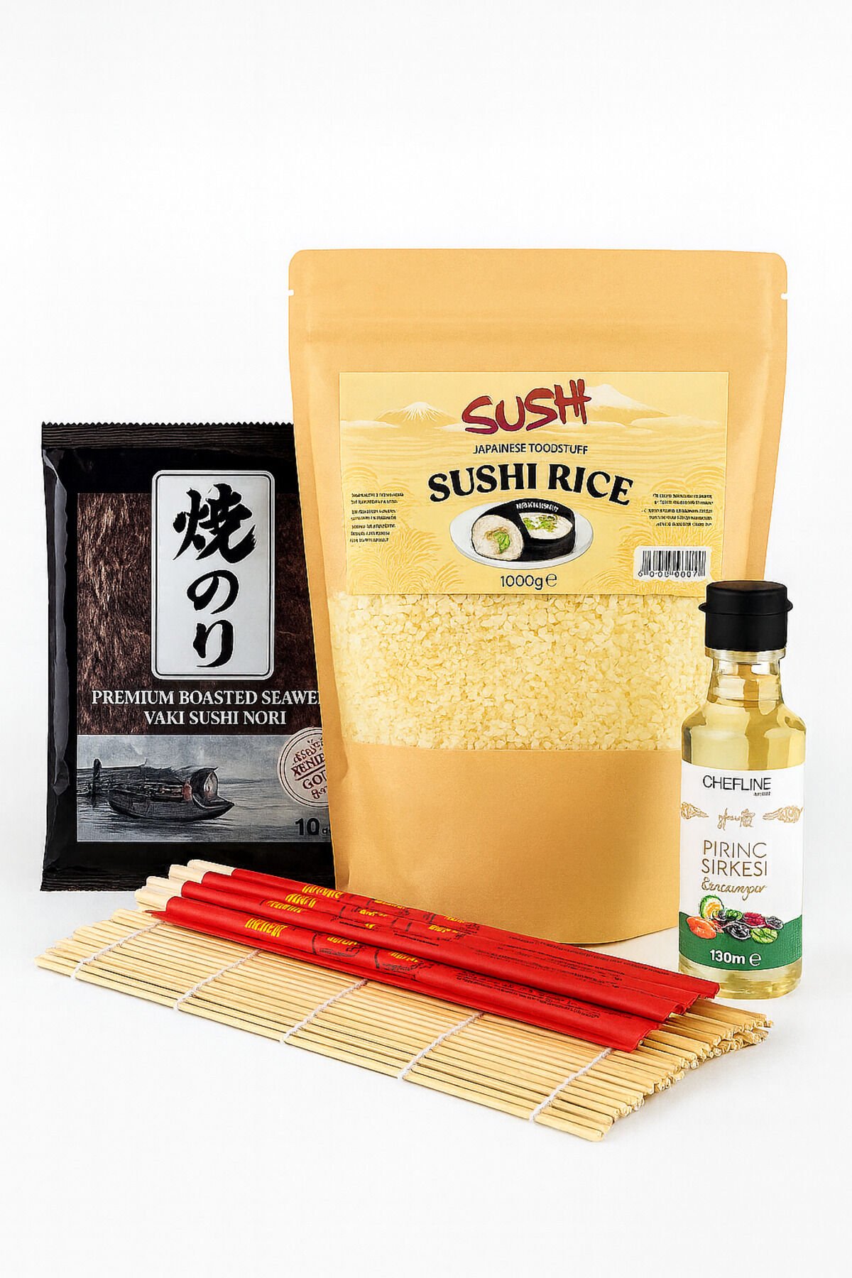 Mini Sushi Seti – 1kg Pirinç, 10’lu Nori Yosun, Pirinç Sirkesi, 5 Adet Çubuk, Bamboo Sarma Matı