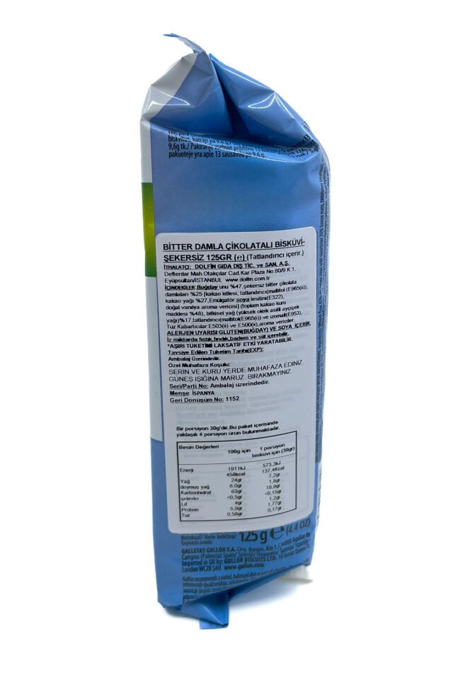 Bitter Damla Çikolatalı Şekersiz Bisküvi 125 Gr