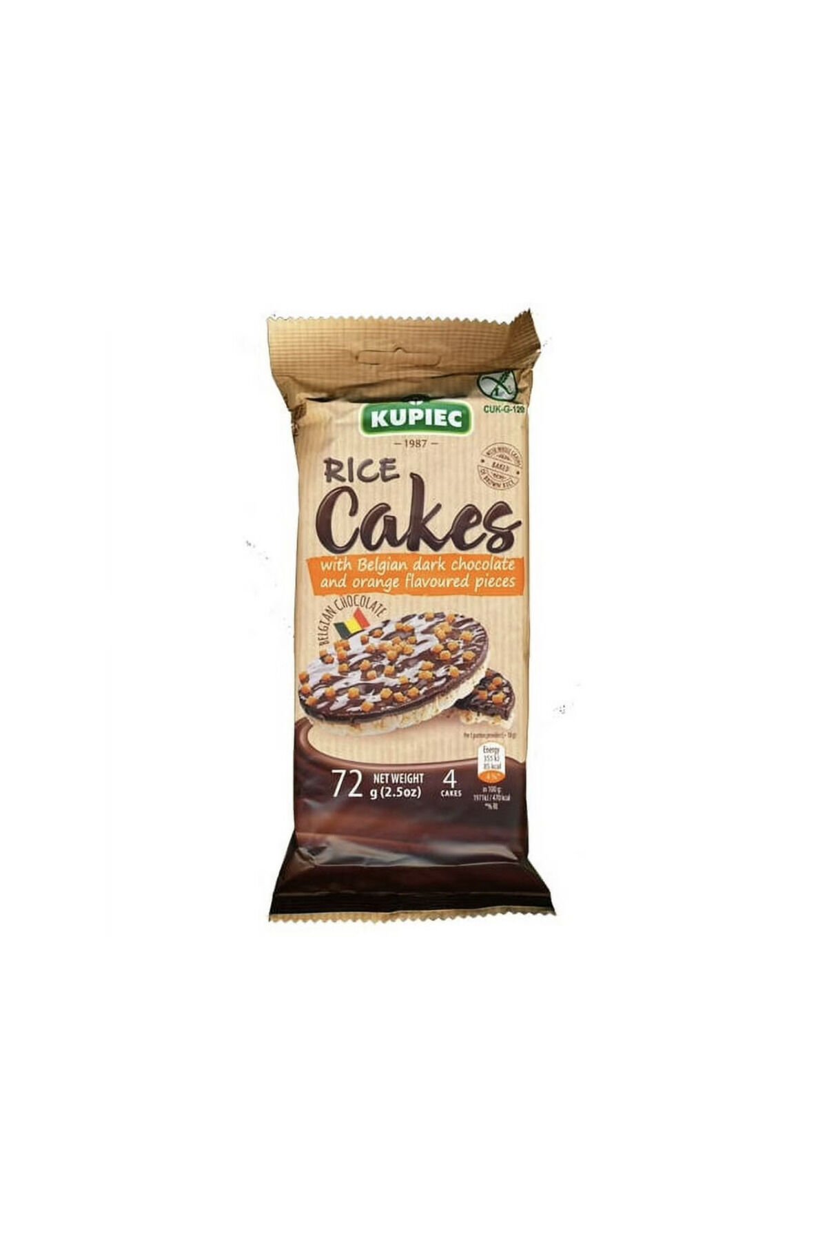 Rice Cakes with Belgian Dark Chocolate and Orange Flavored Pieces 72g