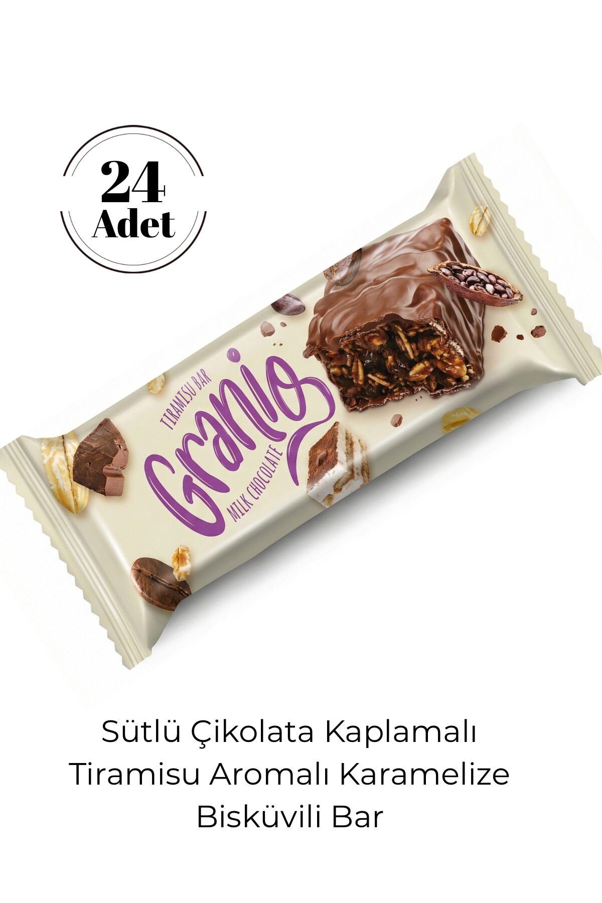 Sütlü Çikolata Kaplamalı Tiramisu Aromalı Karamelize Bisküvili Tahıl Bar 40 grX24 Adet ( İkram.İaşə)