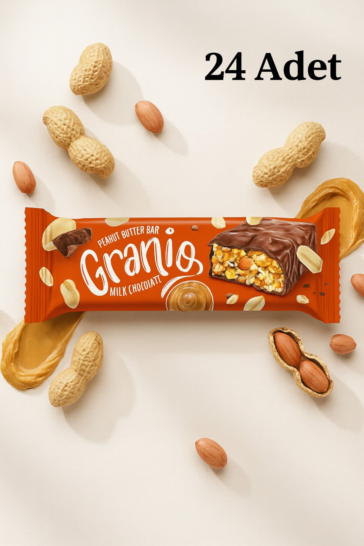 Fıstıklı ve Fıstık Ezmeli Sütlü Çikolata Kaplamalı Bar 40 gr X 24 Adet