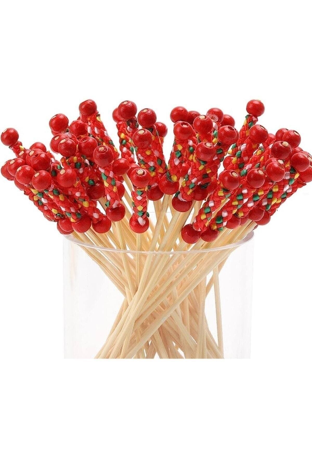 Bambu Kırmızı Örgülü Kürdan 50 Adet 12 cm Muffin Cupcake Pasta Süsü Sunum Kürdanı Koktely Kürdan