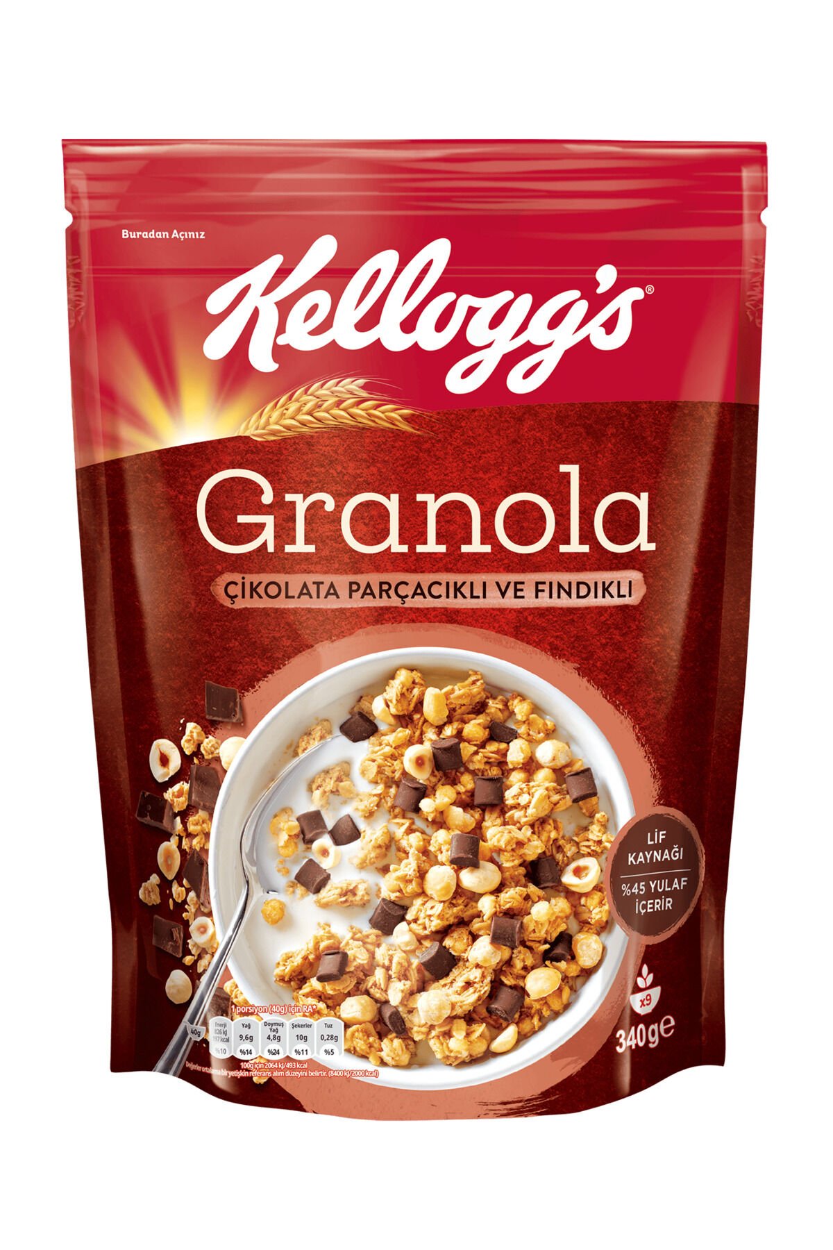 Çikolata Parçacıklı Ve Fındıklı Granola 340 Gr,%44 Yulaf,lif Kaynağı,kahvaltılık Gevrek